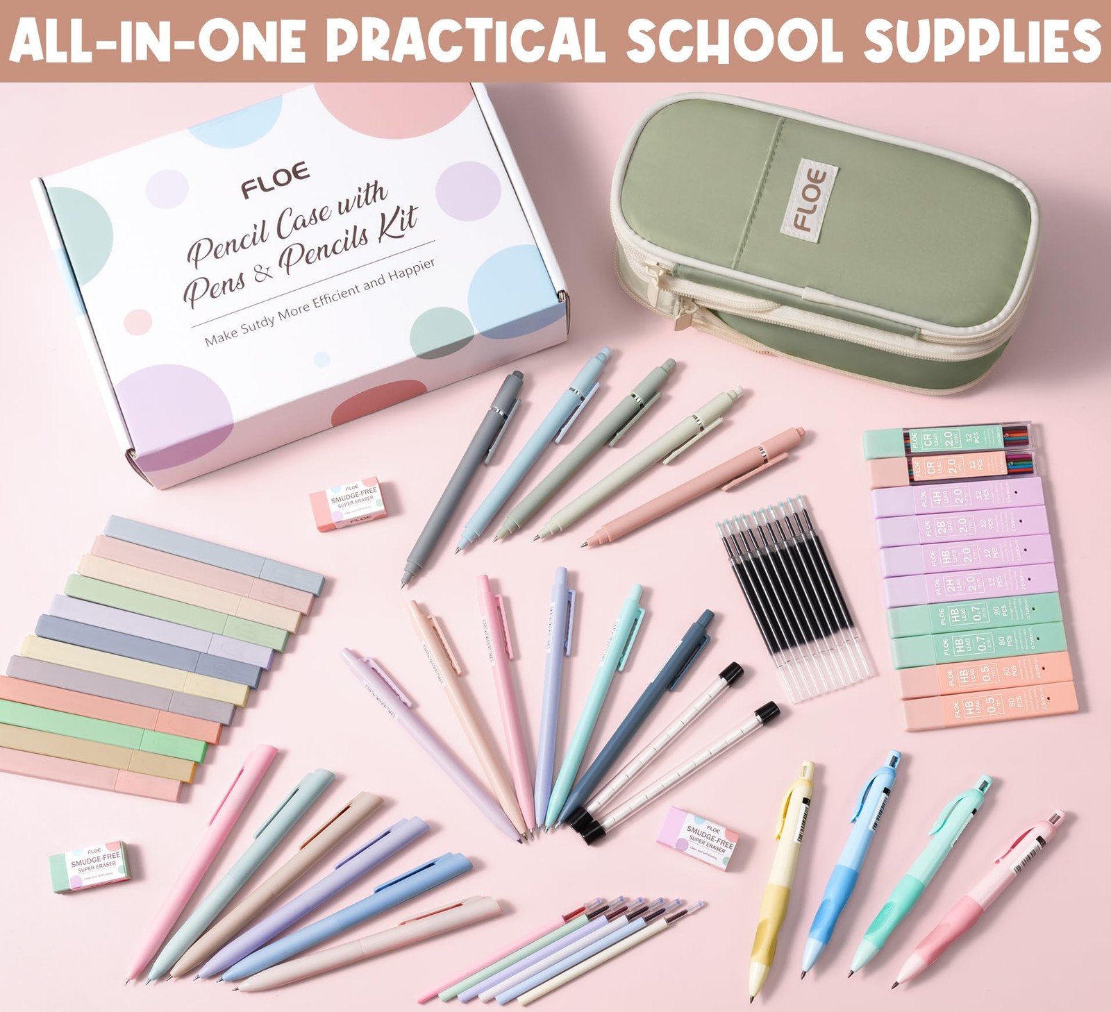 65PCS Aesthetic School Supplies with Cute Pencil Case, Pastel Highlighters Ge…