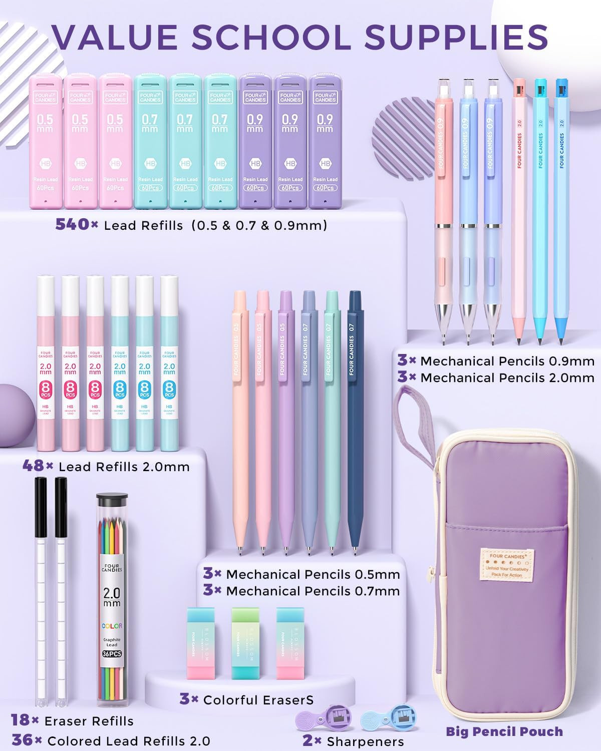 36PCS Aesthetic School Supplies, Mechanical Pencils 0.5Mm, 0.7Mm, 0.9Mm & 2.0Mm
