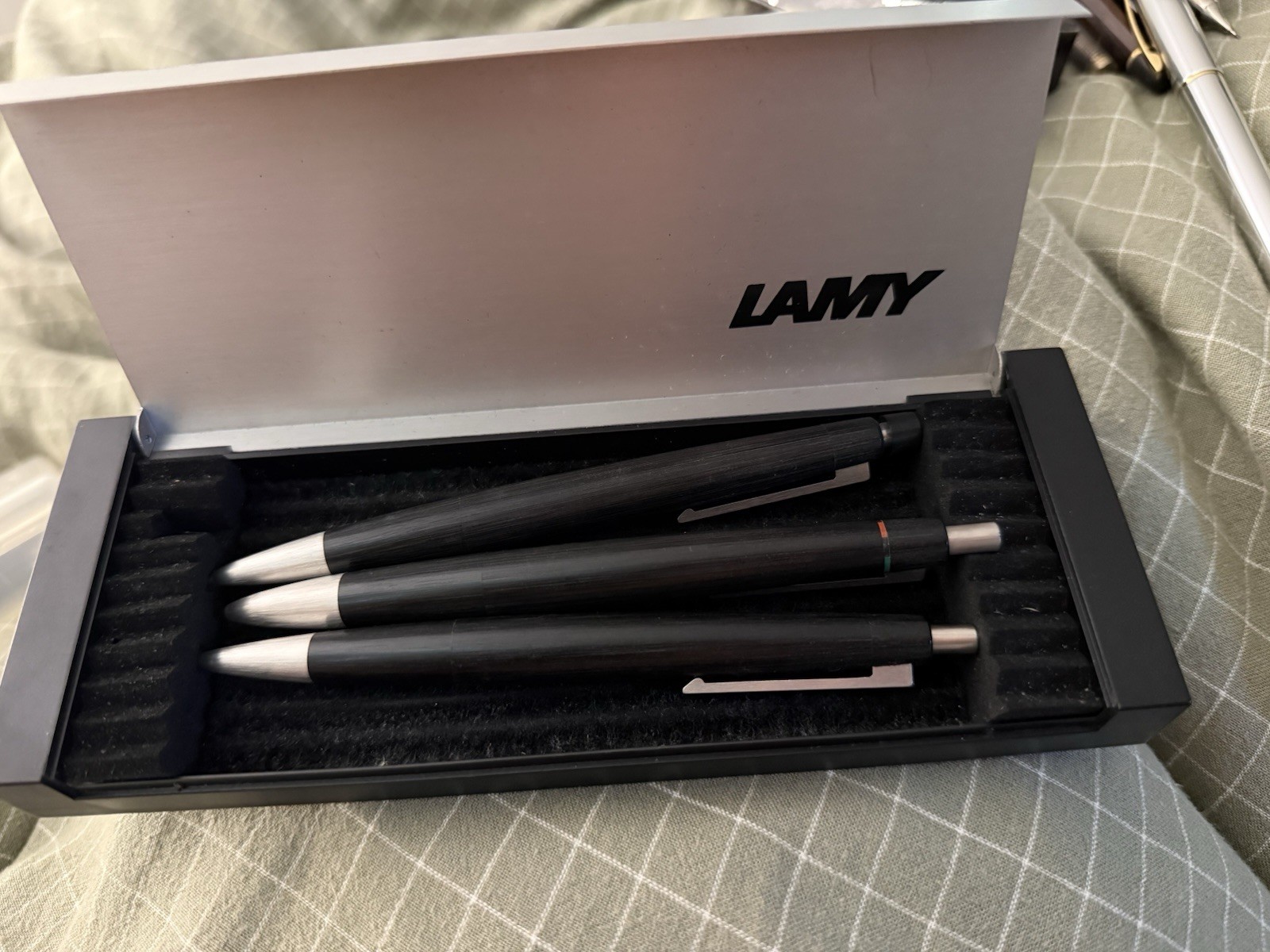 LAMY 3 Piece Writing Set. Ballpoint Pen. Mechanical Pencil. 4 Color Pen. Box.