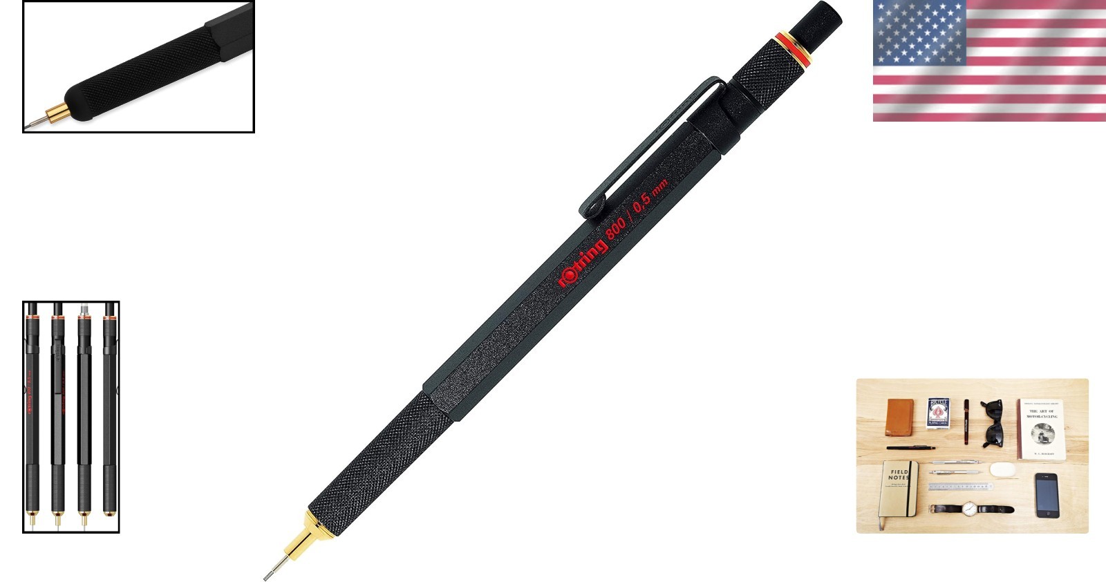 Precision Rotring 800 Black Retractable Mechanical Pencil, Non-Slip Grip, 0.5mm
