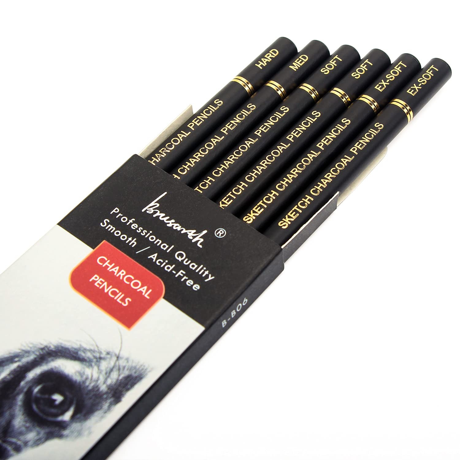 Brusarth Professional Charcoal Pencils Drawing Set 1 Count (Pack of 6), Black