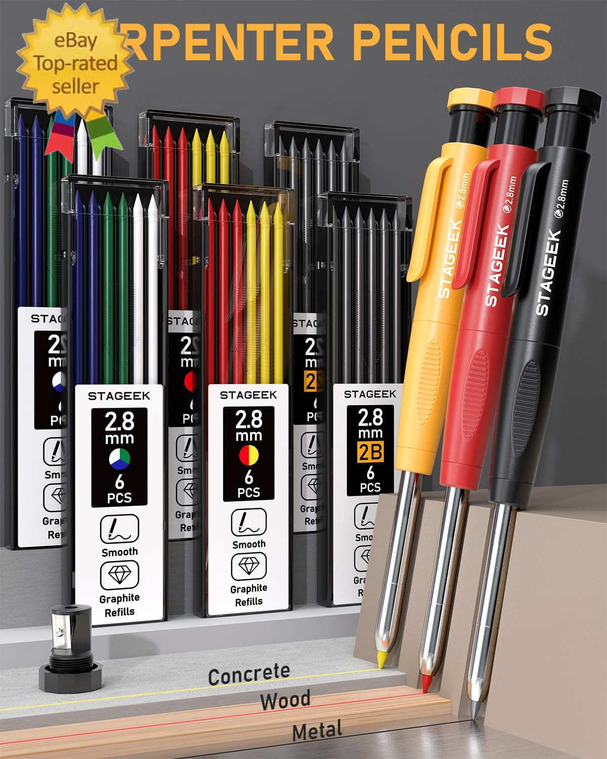 34PCS Carpenter Pencils with Sharpener, Mechanical Pencil Set with Deep Hole Lon