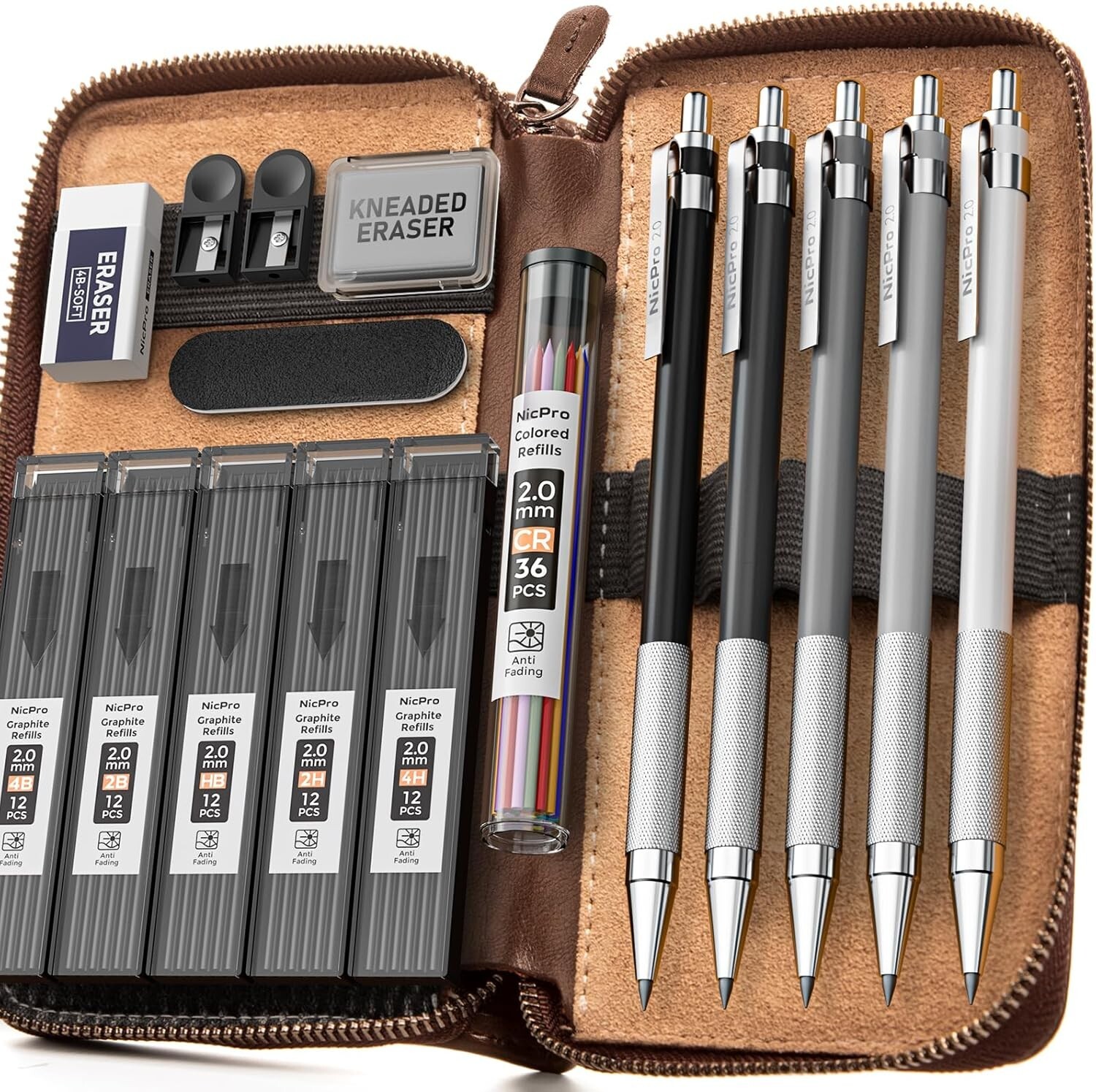17PCS Metal Mechanical Pencil Set with Leather Case for Artists & Students
