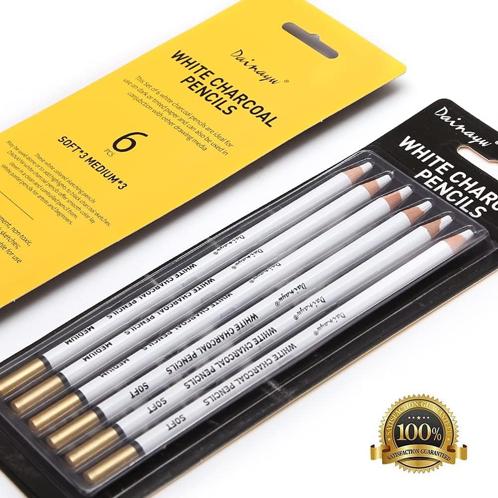 dainayw 6 Pcs White Charcoal Pencils Drawing Set, 1 Count (Pack of 6),