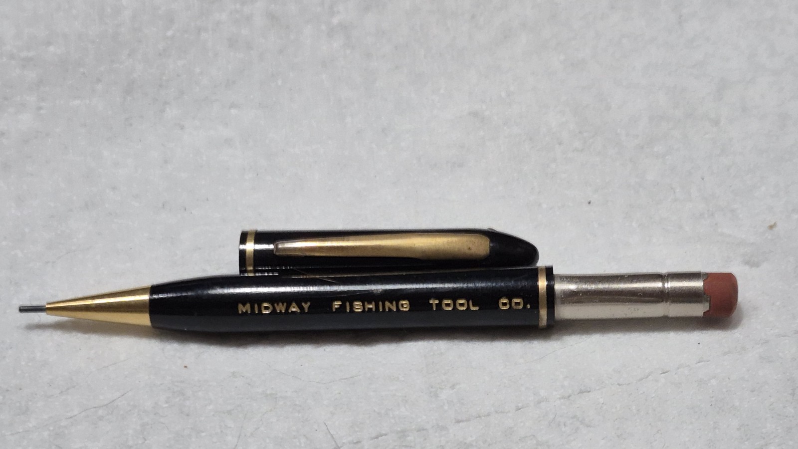 “Midway Fishing Tool Co.” Black/Polished Brass Trim Working Mech Pencil