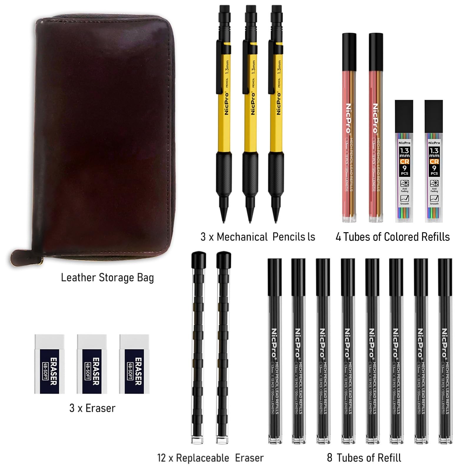 21PCS Mechanical Pencil Set with Leather Case, 138 Leads, 3 Erasers, Heavy Duty