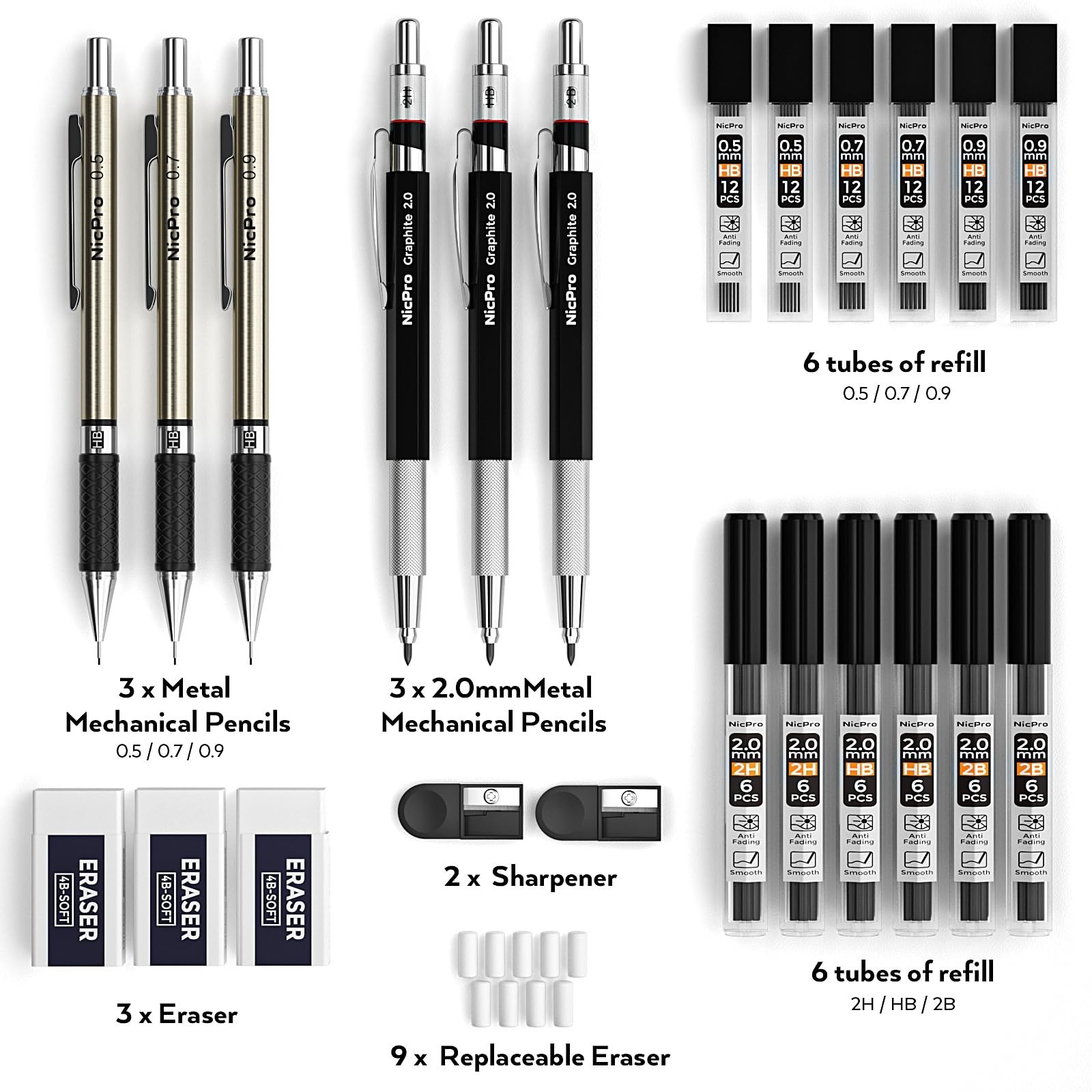 6PCS Art Mechanical Pencils Set, 3PCS Metal Drafting Pencil 0.5 Mm & 0.7 Mm & 0.