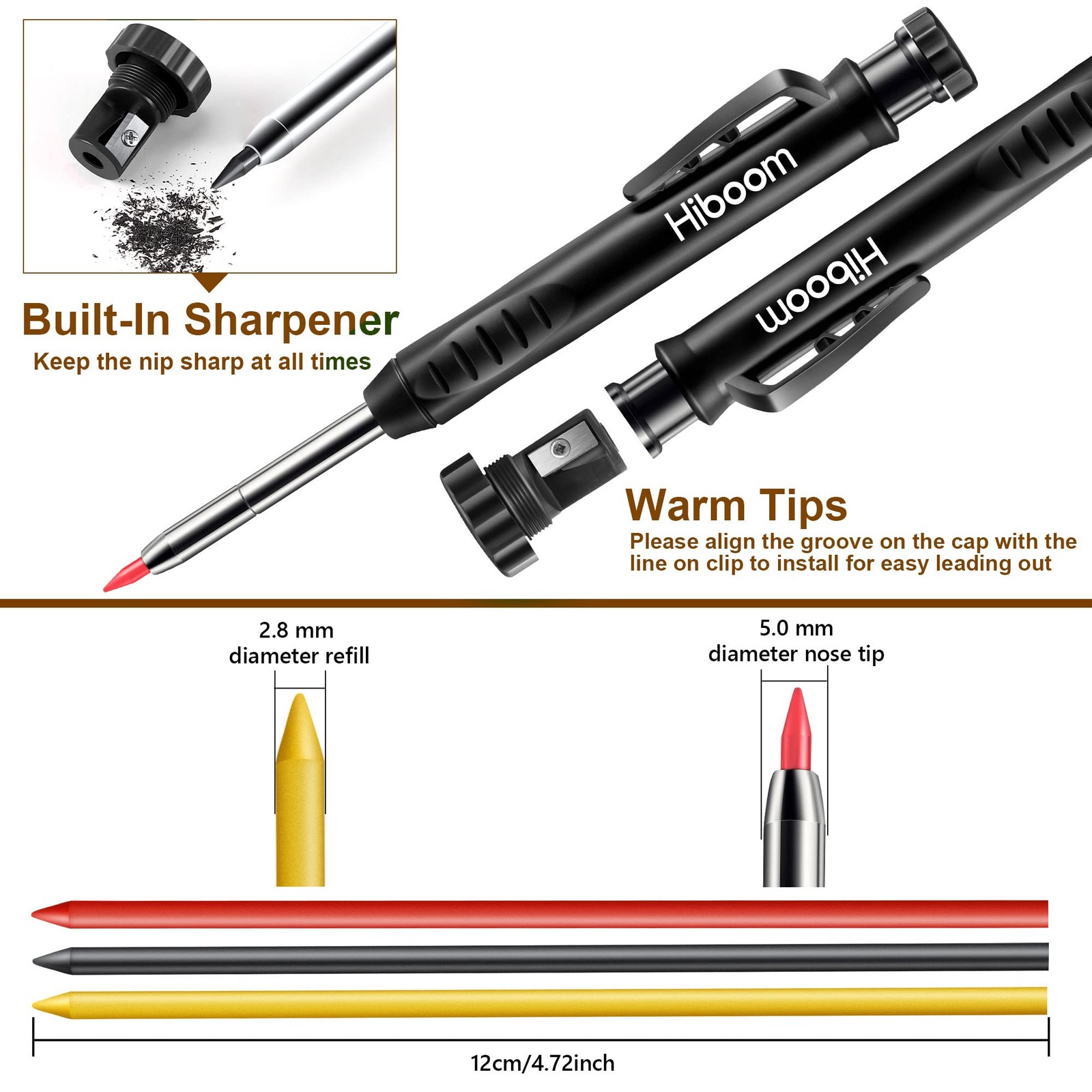 Hiboom 2 Pack Solid Carpenter Pencils with Pencil Cap and 18 Refills, Black