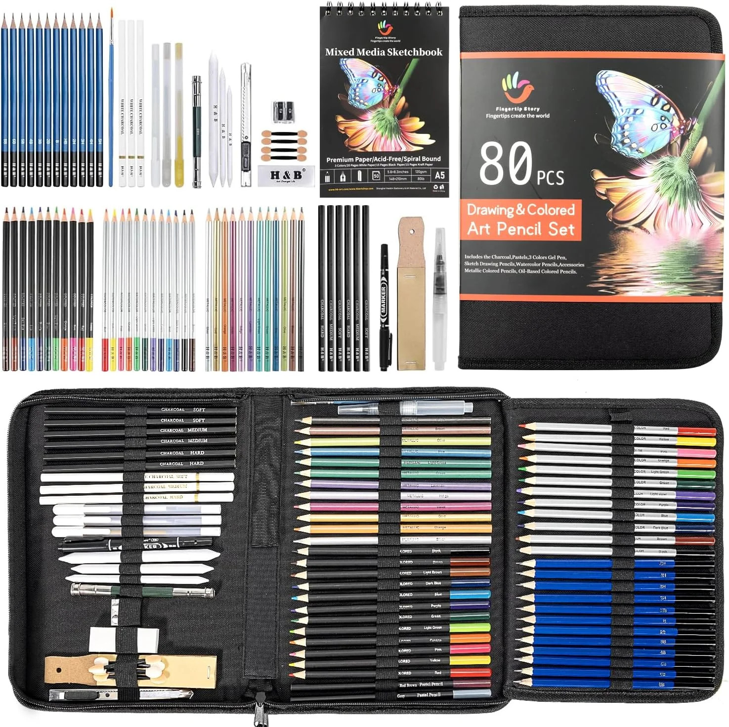 H & B 80 PCS Pro Drawing & Art Supplies Set, Sketching Kit with Watercolor, Meta