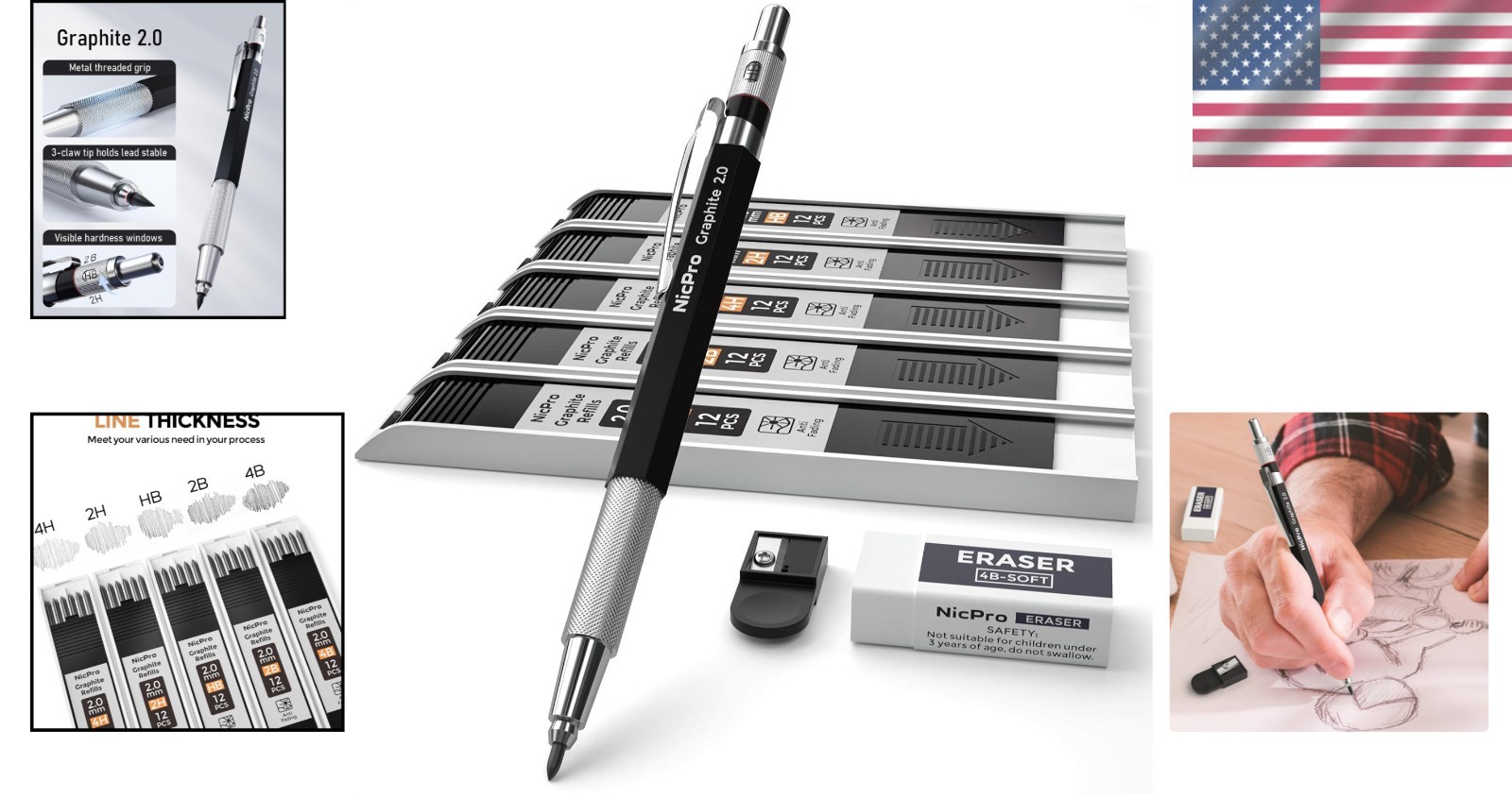Professional Metal Lead Holder Pencil Set with Break-Resistant Graphite Refills