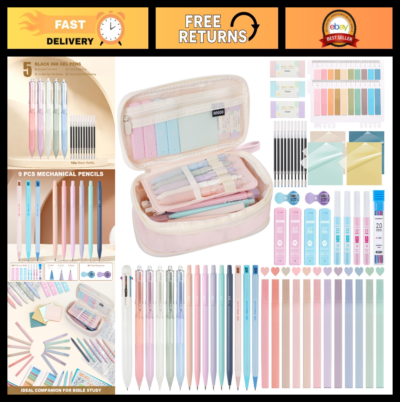58 PCS Aesthetic School Supplies Set, Cute Pencil Case, Pastel Highlighters & Ge