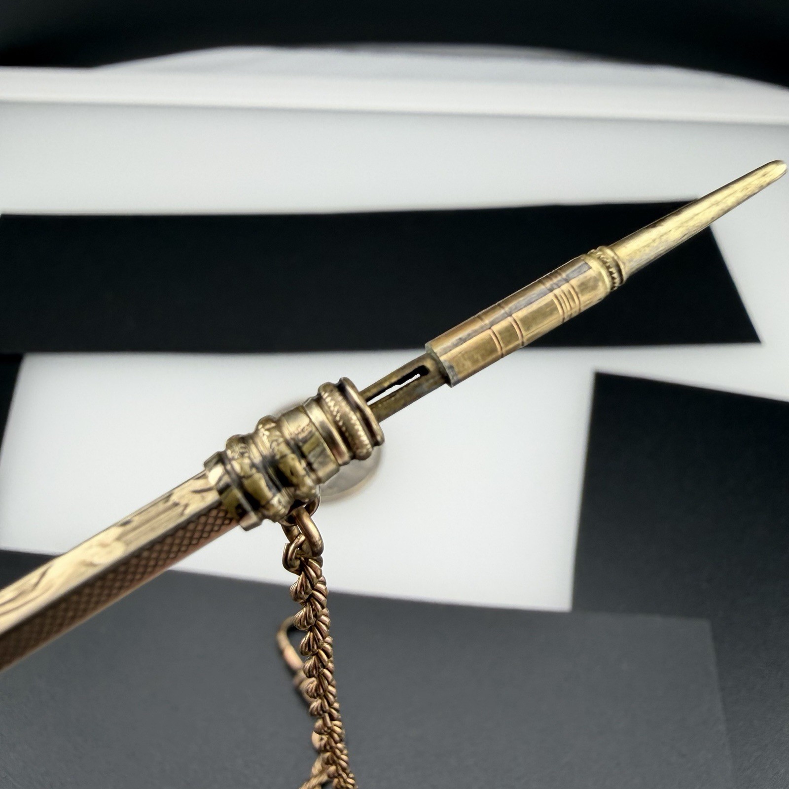 Victorian Gold Filled 3 7/8″ Telescoping Pencil Watch Fob w/ Chain & White Stone