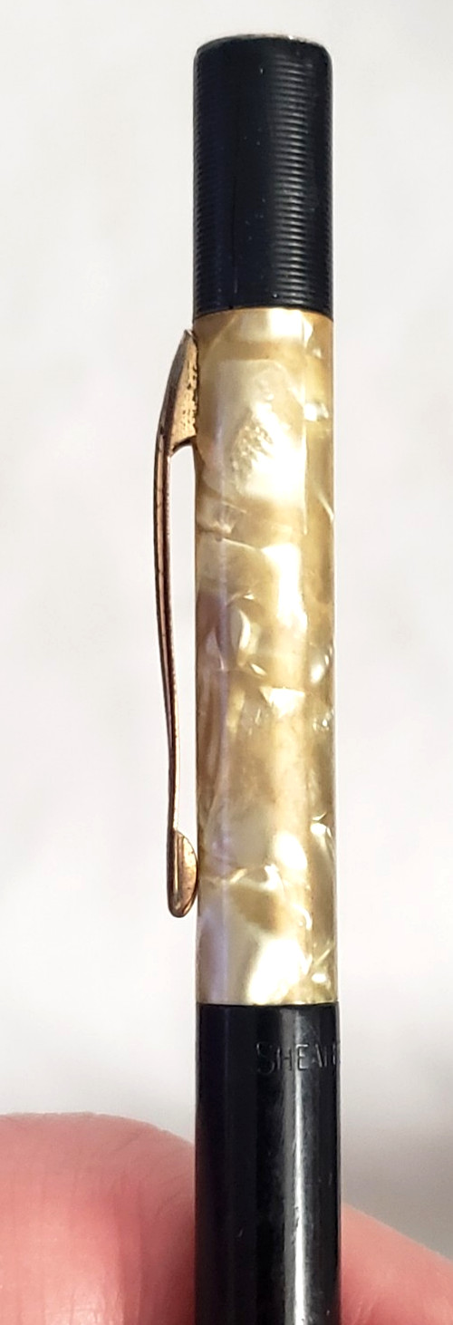 1930s Sheaffer Balance Mechanical Pencil Black & Pearl Celluloid, Separated View