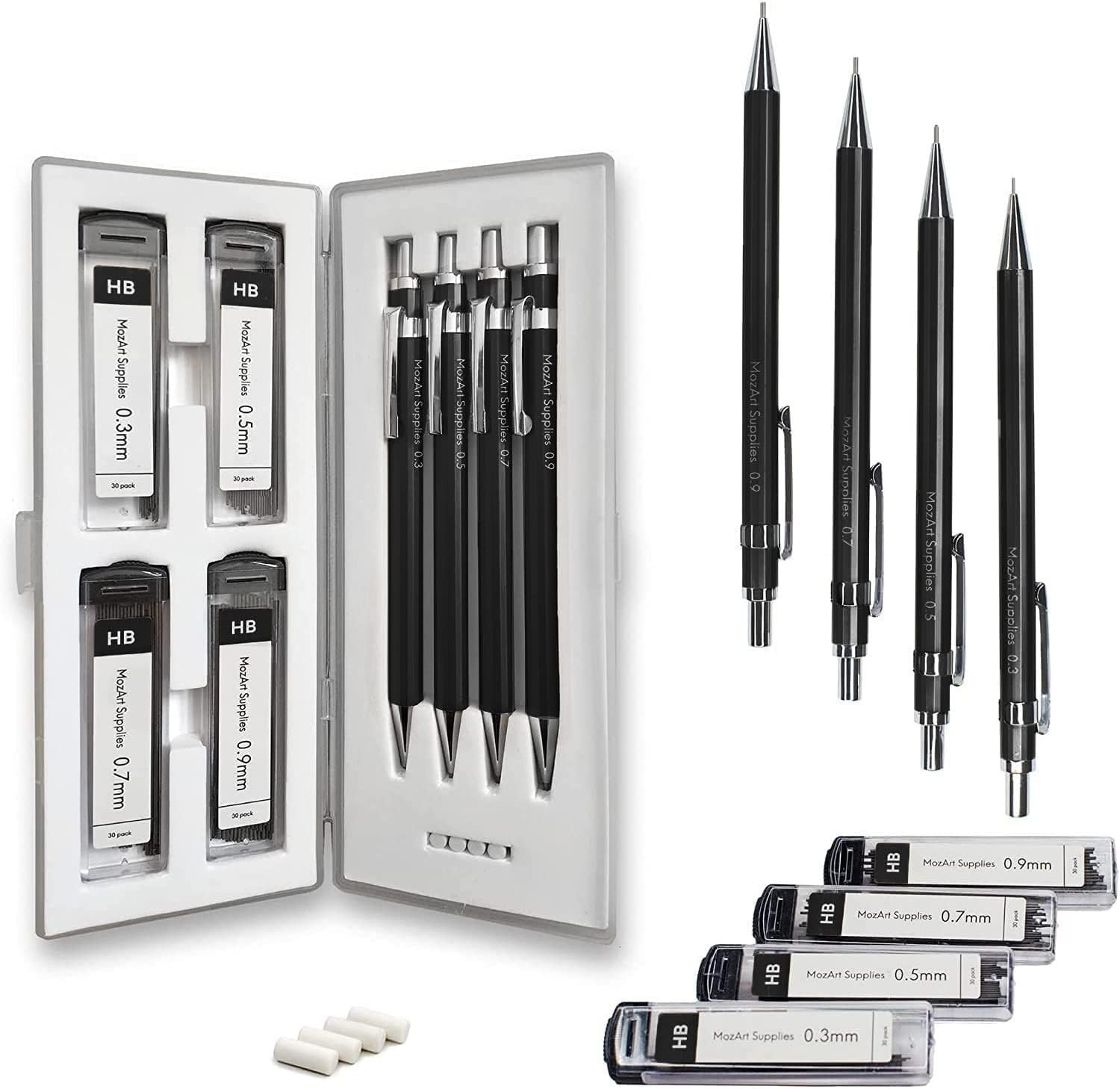 MozArt Ergonomic Mechanical Pencil Set – 4 Sizes, 30 Leads, and Case for Artists