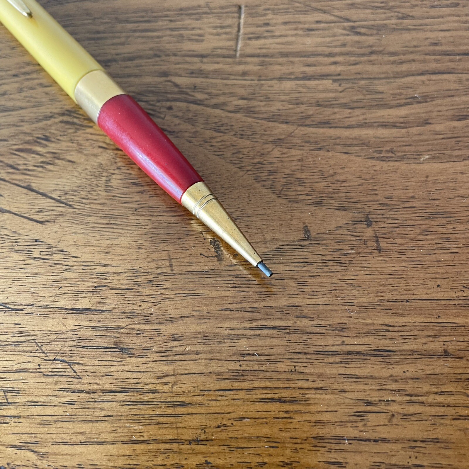 Vintage Mechanical Pencil Yellow & Red Plastic, Clear Lucite, Eraser, 6-1/4″ MCM