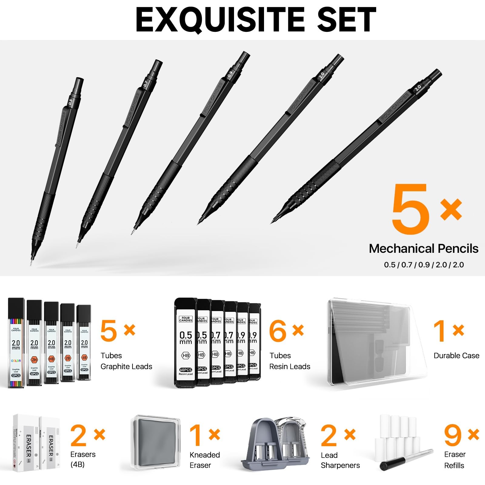 Four Candies Metal Mechanical Pencil Set, 3PCS Art Drafting Pencils Black
