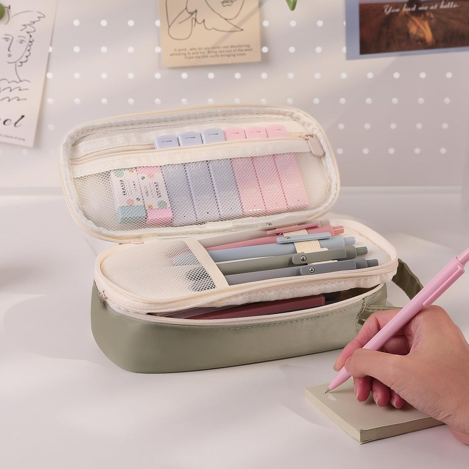 Cute School Supplies 38 PCS, Pencil Case with 12 Pastel Highlighters, 5 Black Ge