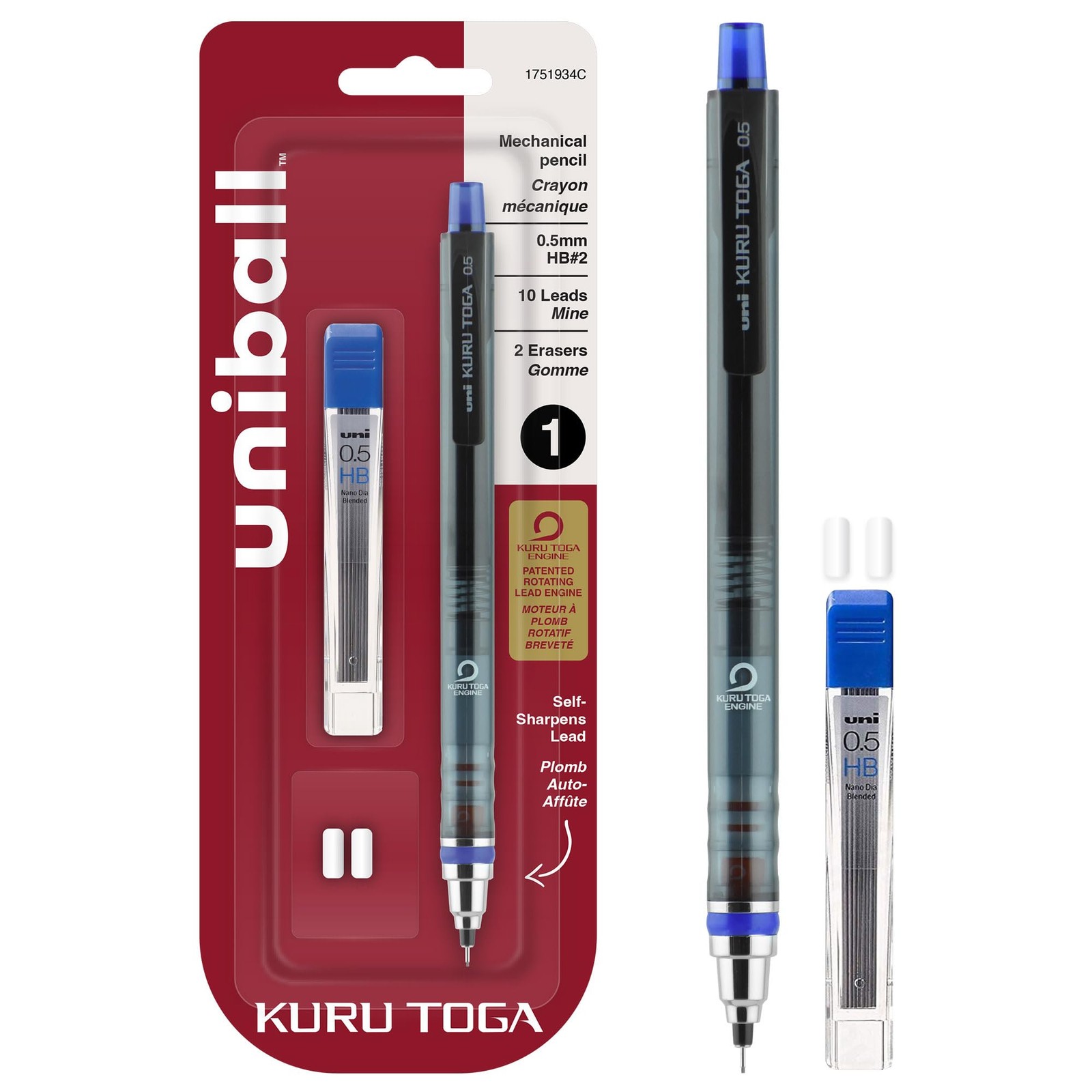 1751934 KuruToga Mechanical Pencil, 0.5mm, HB #2, 1 Count