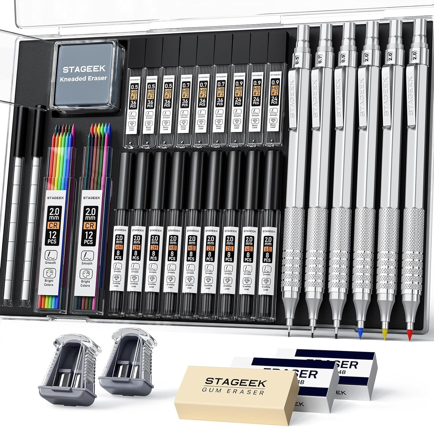 35Pcs Art Mechanical Pencil Set with Case, 0.5 0.7 0.9 2.0 Graphite Metal Drawin
