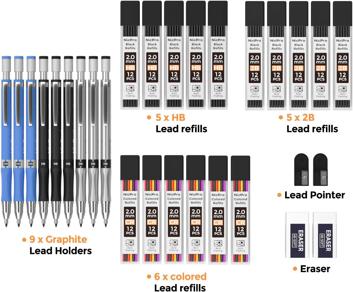 29 Piece 2mm Mechanical Pencil Set with Lead Refills and Sharpeners