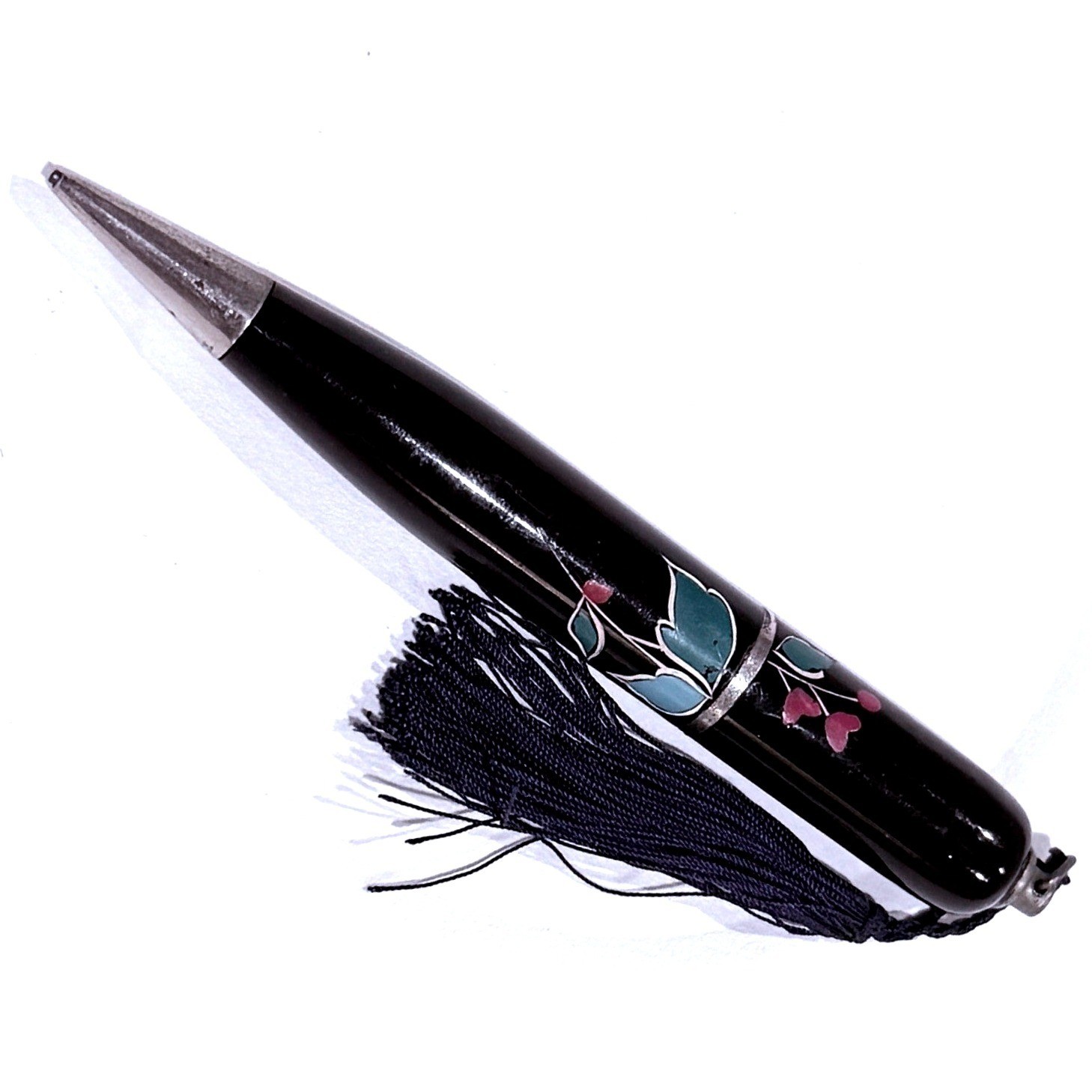 Vintage Cloisonne Mechanical Pencil Tassel Style Black Floral Enamel MCM