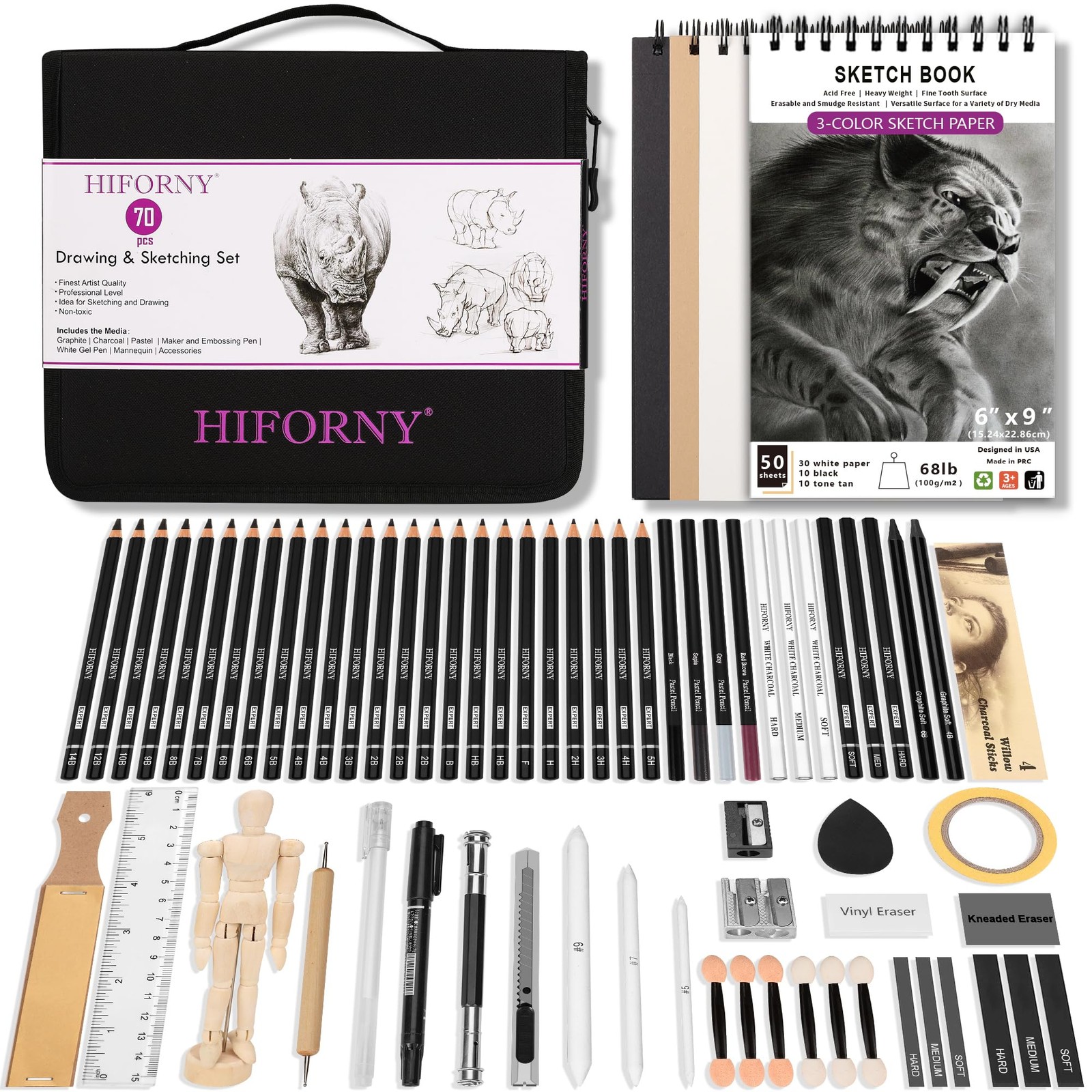 HIFORNY 70 PCS Drawing Set Sketching Kit,Sketch 1 Count (Pack of 70), Black