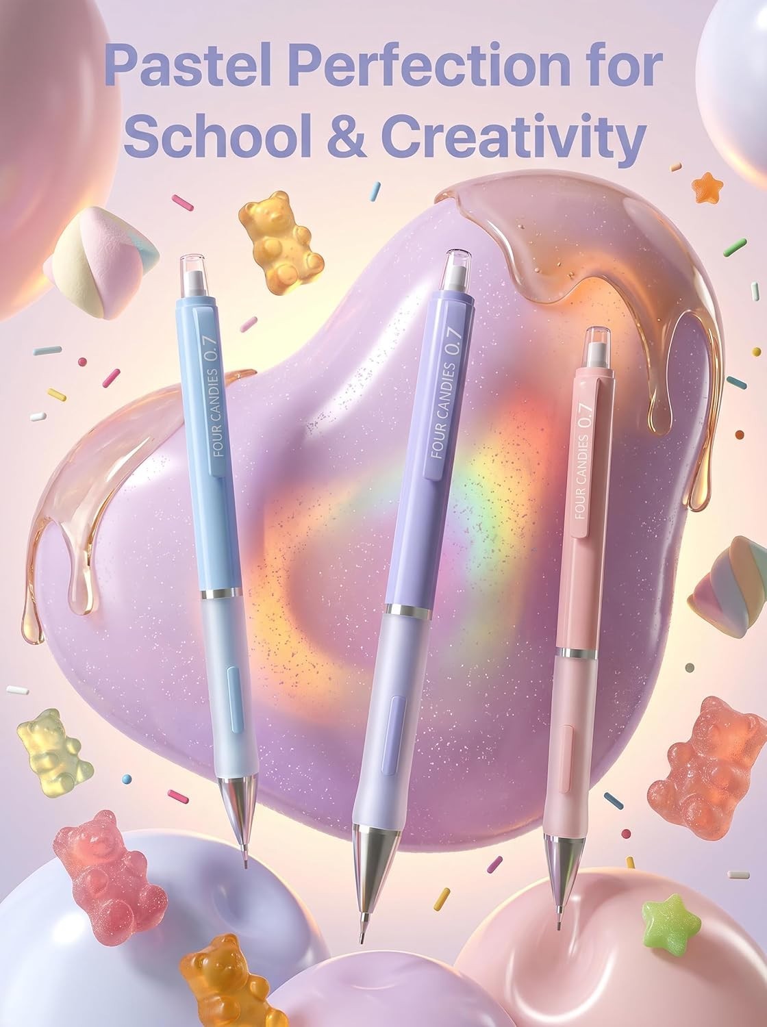 Pastel Mechanical Pencil Set: 3-Pack with Erasers & 9 Refills for Easy Writing