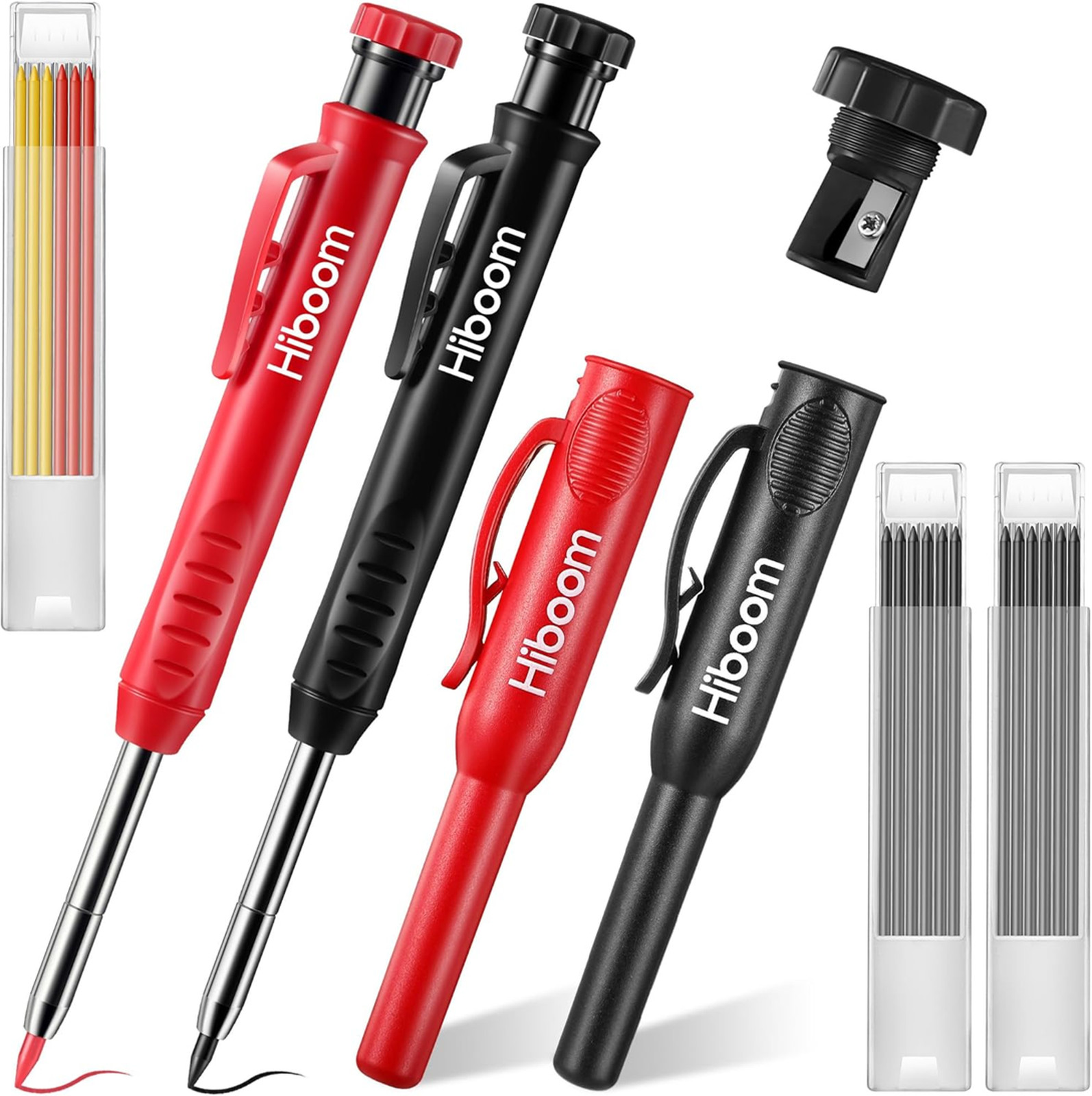 Mechanical Carpenter Pencils Set, Long Tip, Black and Red, Includes Refills and