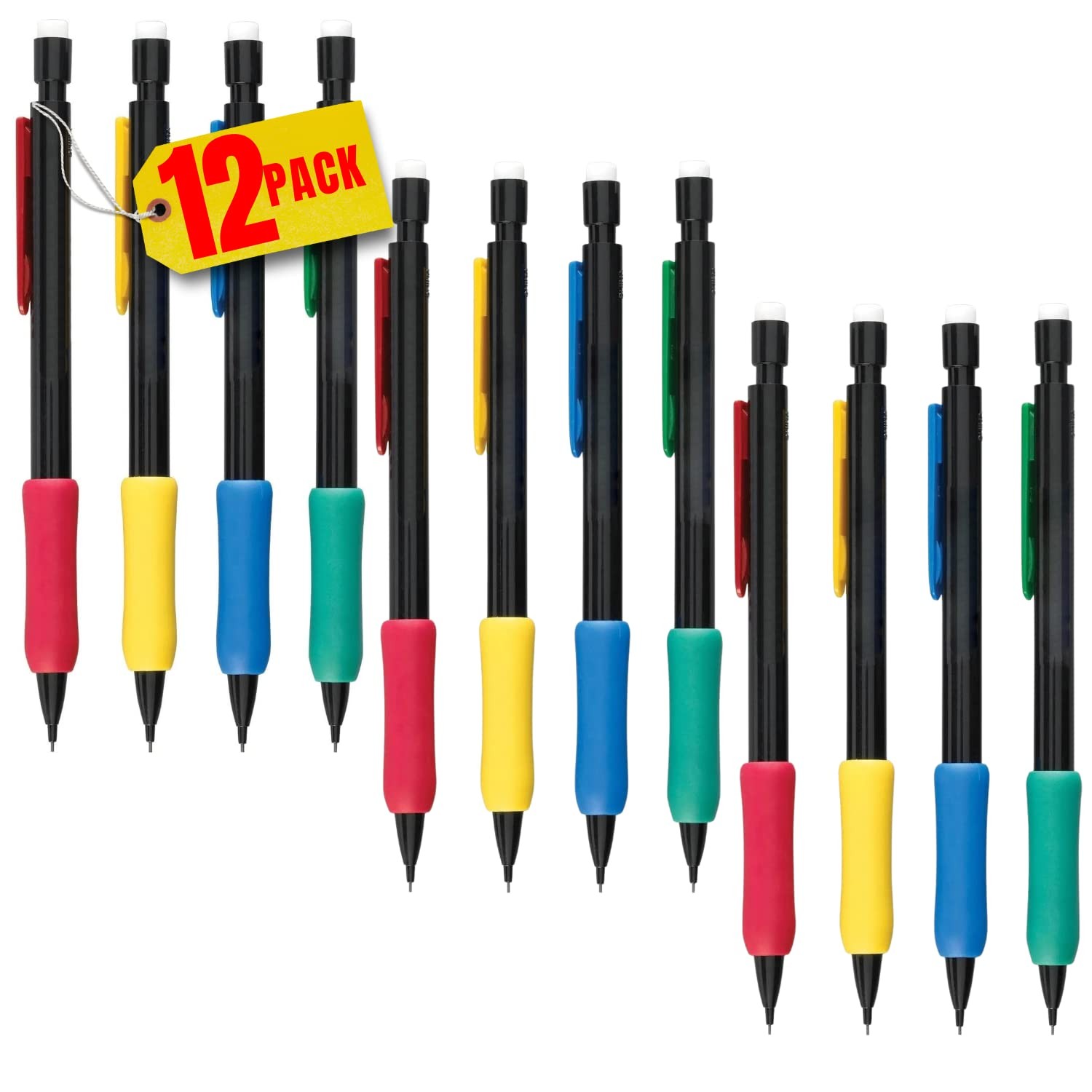 12 Pack Mechanical Pencil 0.7mm Set Lead Rubber Grip Refillable Writing