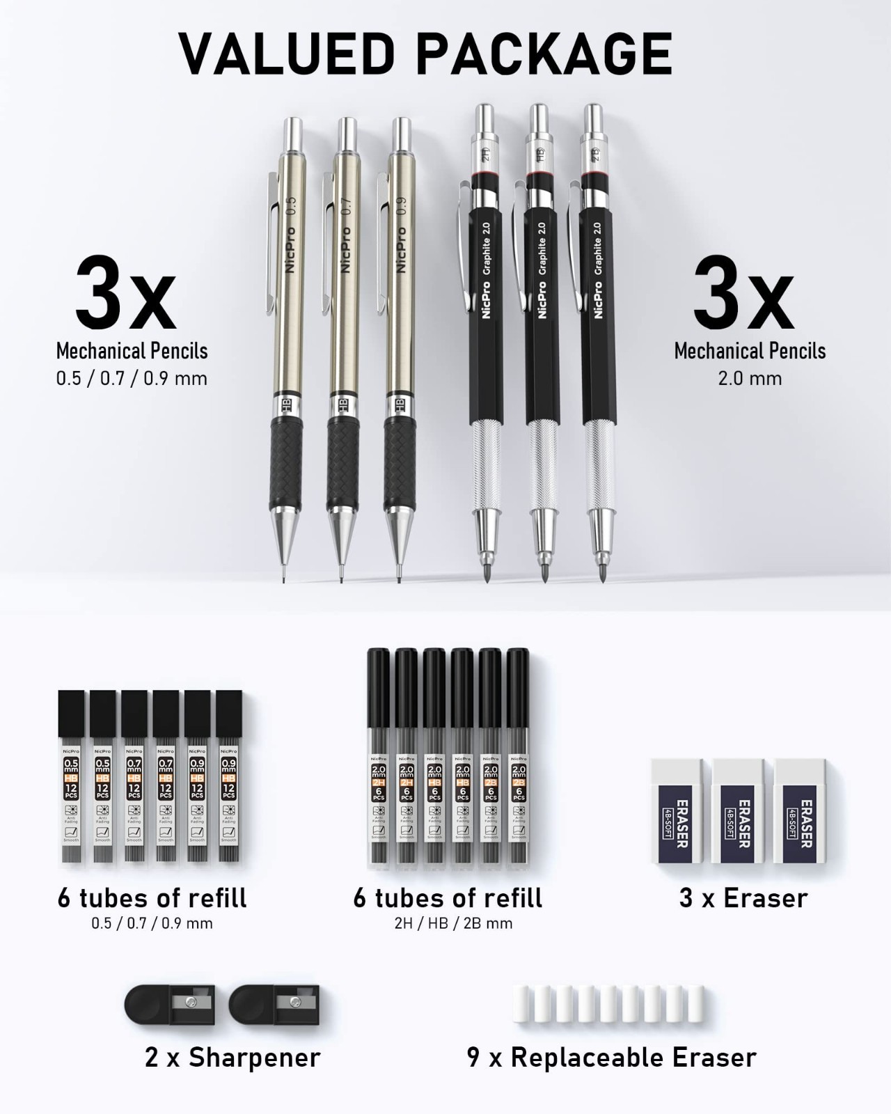 6PCS Art Mechanical Pencils Set, 3PCS Metal Drafting Pencil 0.5 Mm & 0.7 Mm & 0.