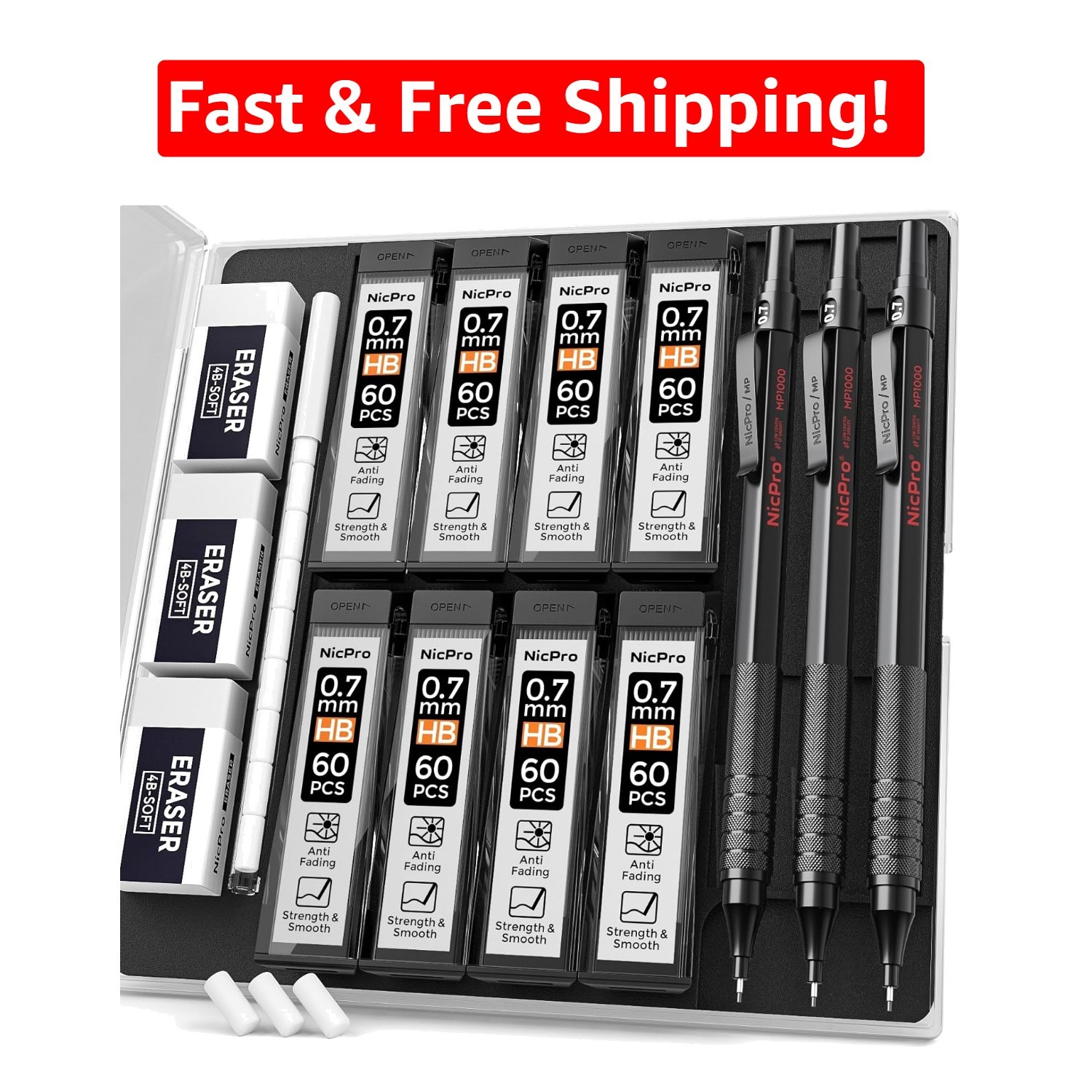 Art Sketching Mechanical Pencil Set – 0.7mm, 3 Pencils with Erasers Included