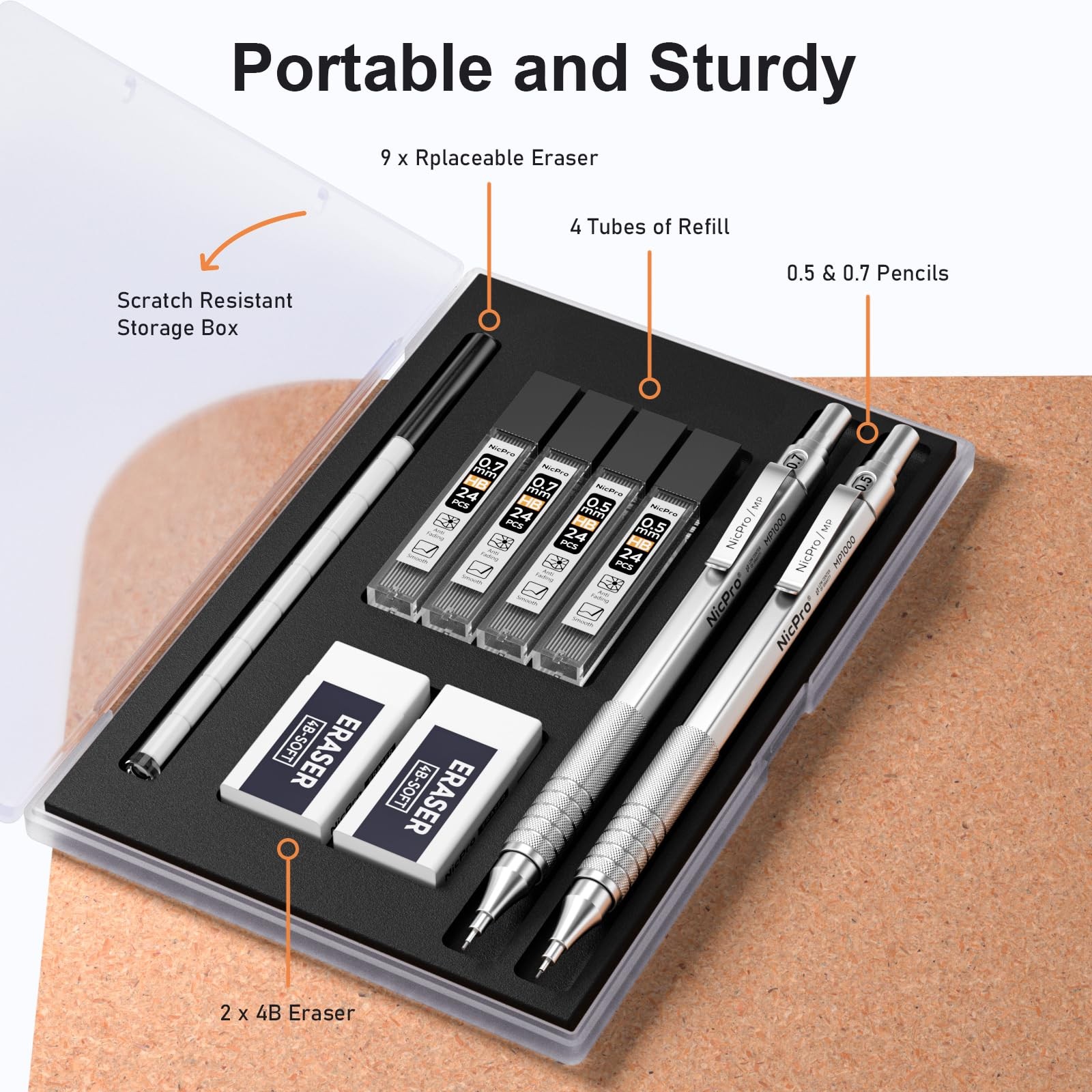Nicpro 2 PCS Mechanical Pencil 0.5mm & 0.7 mm with Case, 17 Piece Set, Silver