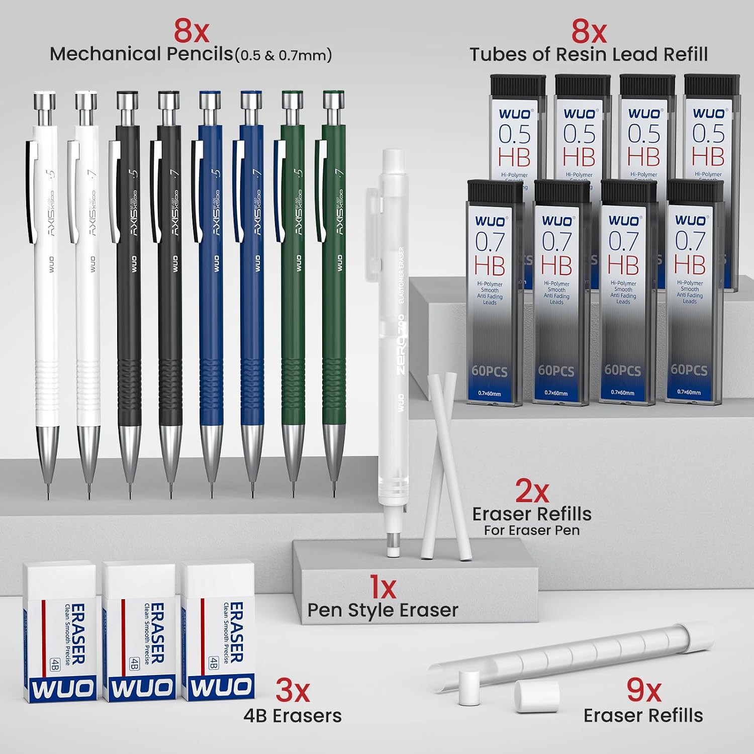 8PCS Mechanical Pencil Set with Case, 0.5 & 0.7Mm Metal Drafting Pencils with Er