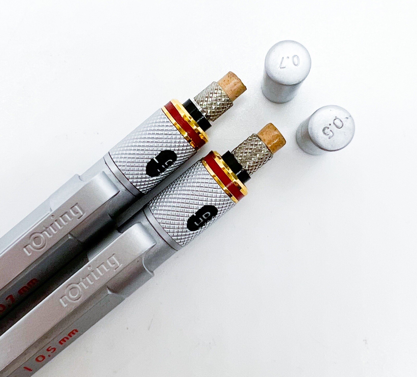 NOS Rotring 600 Gold Twist Retract Tip Mechanical Pencil Silver 2pcs Set 0.5/0.7
