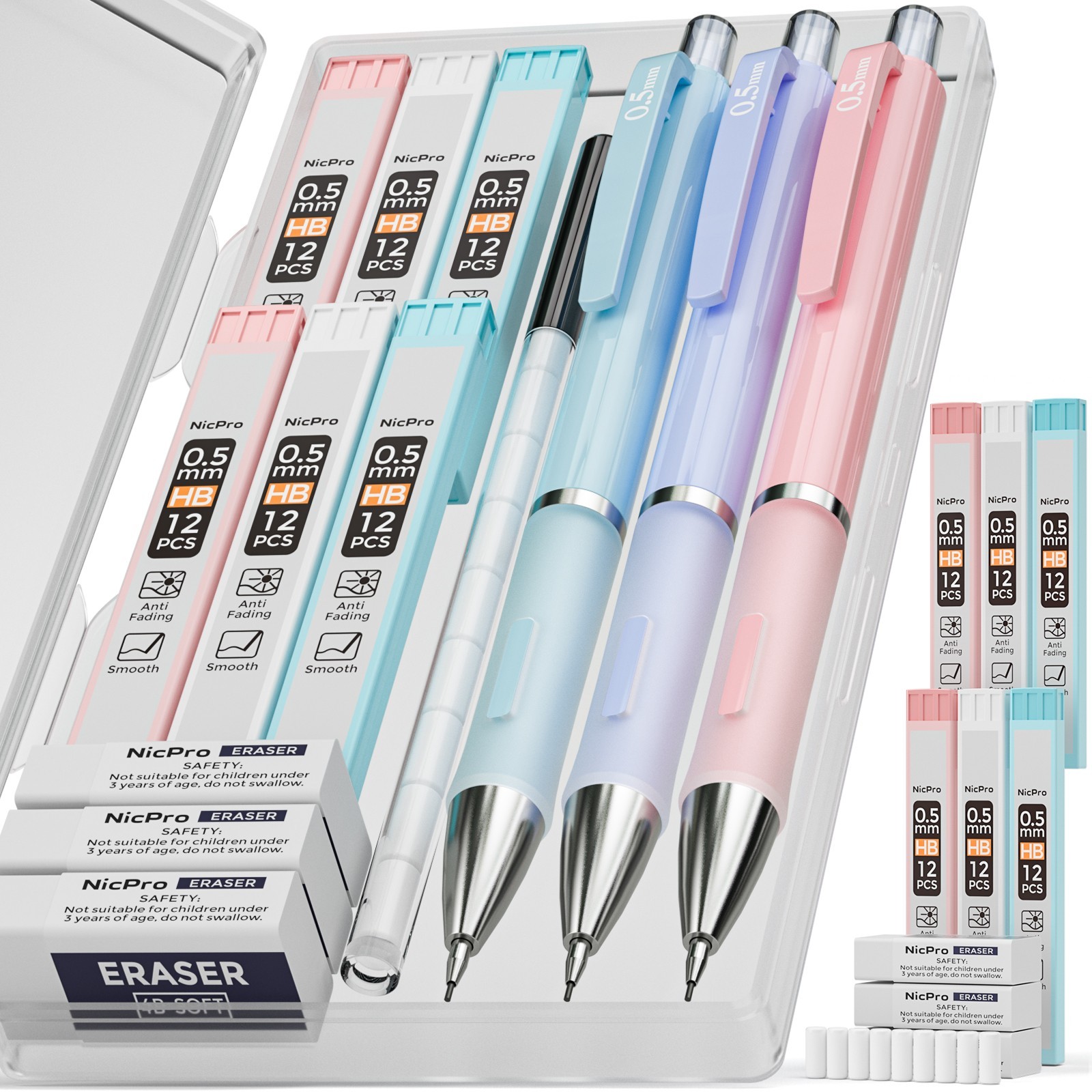 Nicpro 3Pcs Pastel 0.5mm Pencil Set + Case, 6 HB Refills, 12 Erasers, School Art