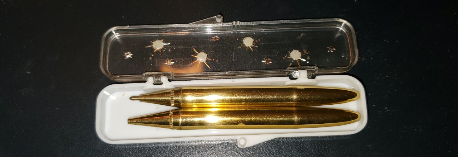 Vintage Goldtone Gold Pen Pencil Set with Blue Rhinestone Case Small 3″ MCM