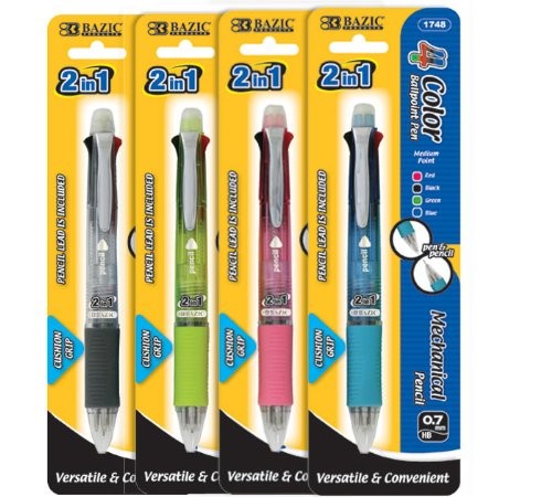 BAZIC 2-In-1 Mechanical Pencil and 4-Color Pen 1 Count (Pack of 1), Blue/Pink