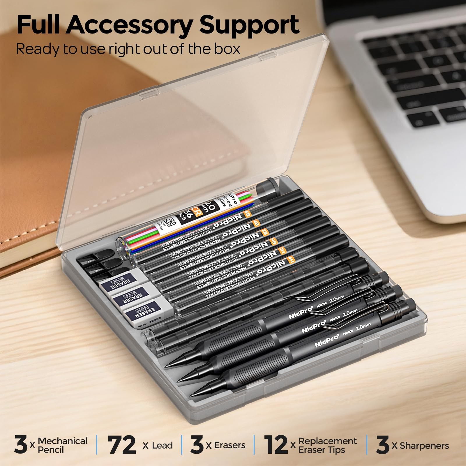 Nicpro 2.0 mm Mechanical Pencil Set, 3PCS Artist Lead 2.0mm, Black