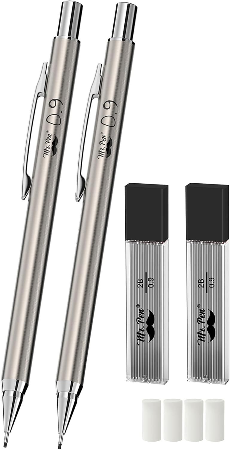 Versatile 2-Pack Metal Mechanical Pencils 0.9mm with 4 Lead and Eraser Refills