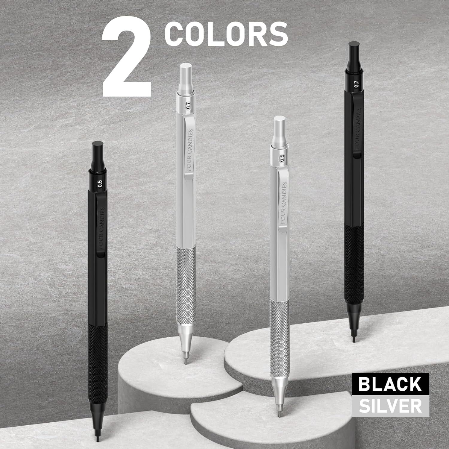 Four Candies 4PCS Metal Mechanical Pencils Set with Case, 0.5mm Black+Sliver