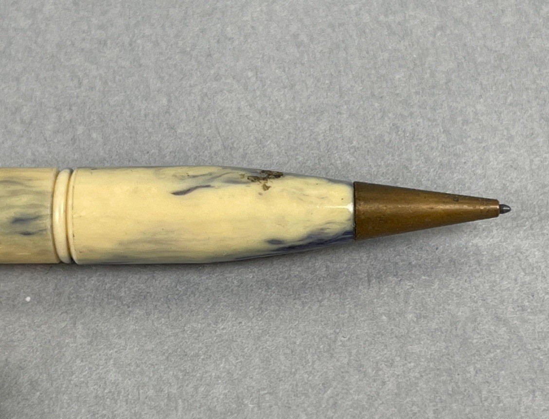 Milky Cream & Teal Polished Brass Trim Ring-Top Working Pencil