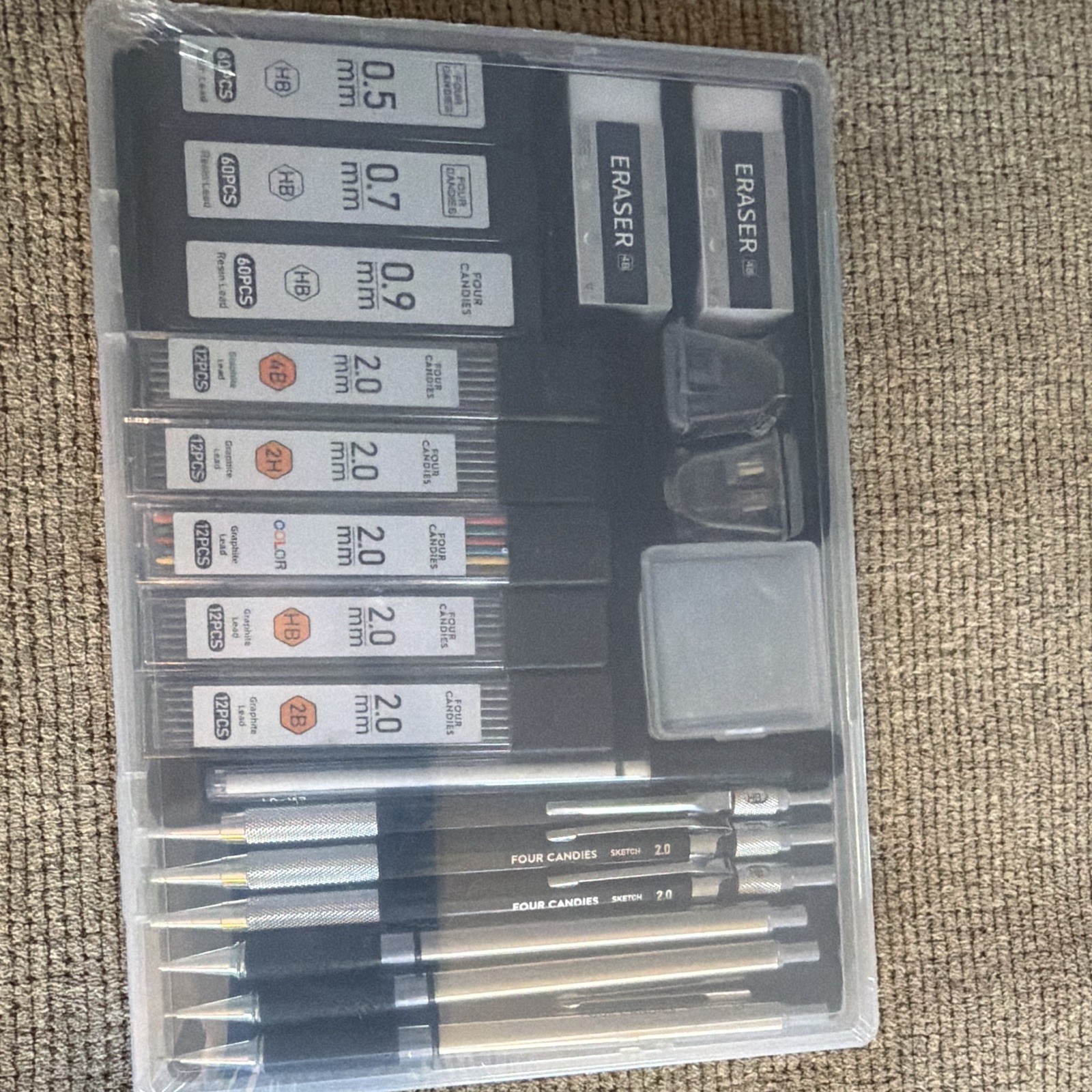 FOUR CANDIES Metal 2.0mm HB Clutch Pencil Set w/ Leads, Erasers & Case