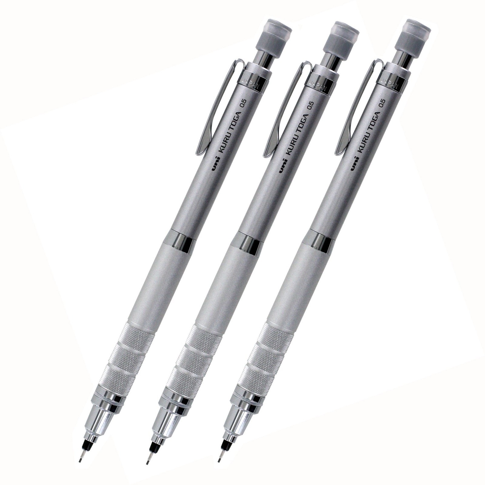 3 PCS Uni Kuru Toga Roulette Auto Mechanical Pencil 0.5mm Metallic Silver