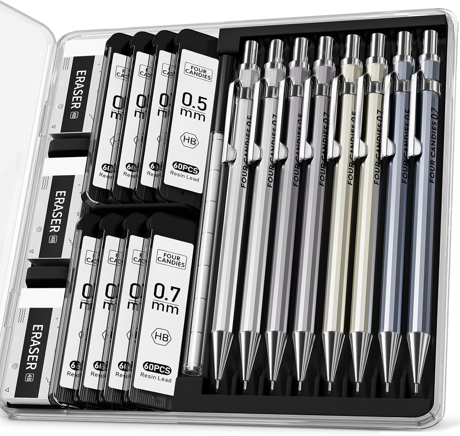 Mechanical Pencil Set 0.5mm 0.7mm Metal Lead Eraser Case for Drawing Art