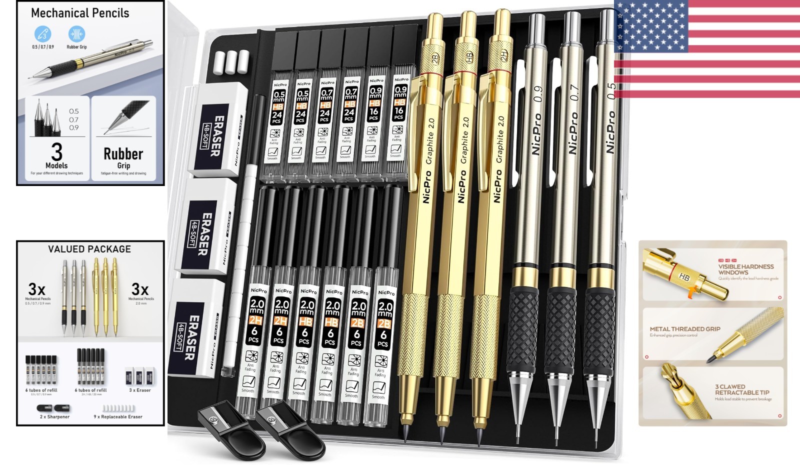 Professional Gold Mechanical Pencil Set for Sketching and Drafting – 6 Count