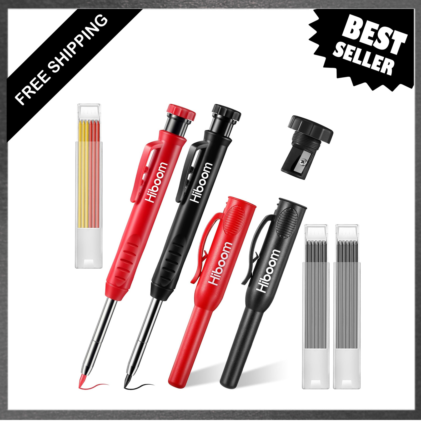 Mechanical Carpenter Pencils Set, Long Tip, Black and Red, Includes Refills and