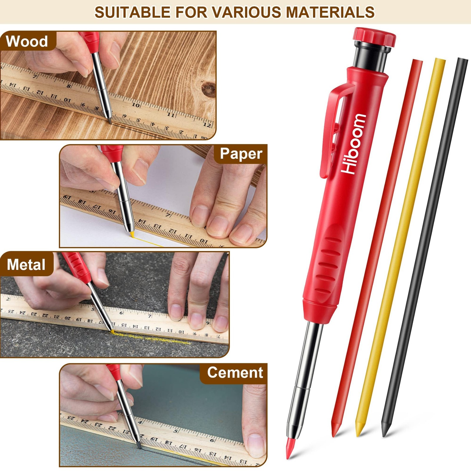 Hiboom 2 Pack Solid Carpenter Pencils with Pencil Cap and 22 Piece Set, Red