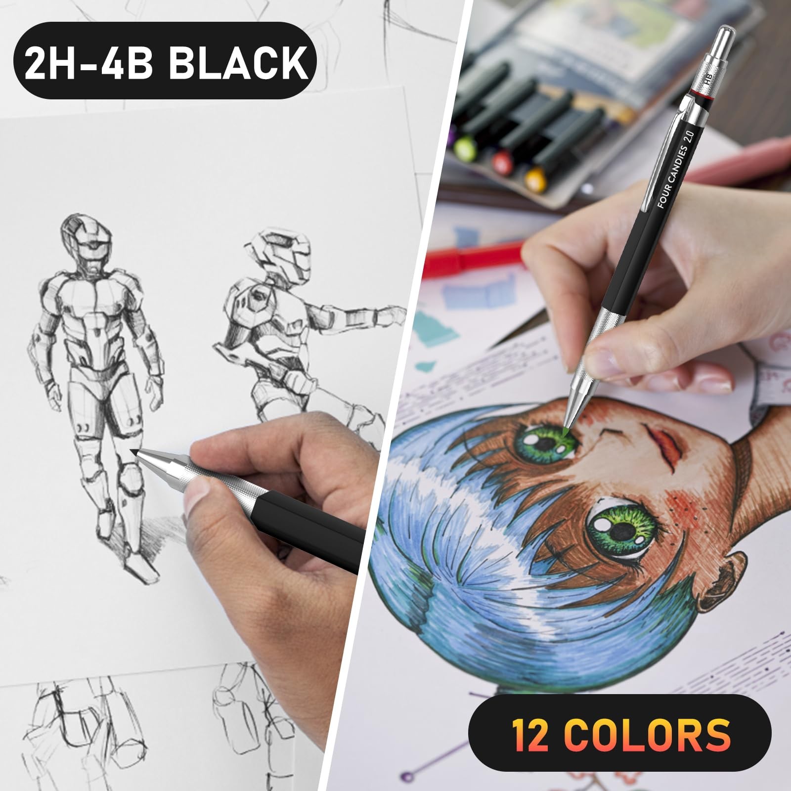 2MM Mechanical Pencil Set with case, Artist Led Pencil Metal Lead Holder with 6