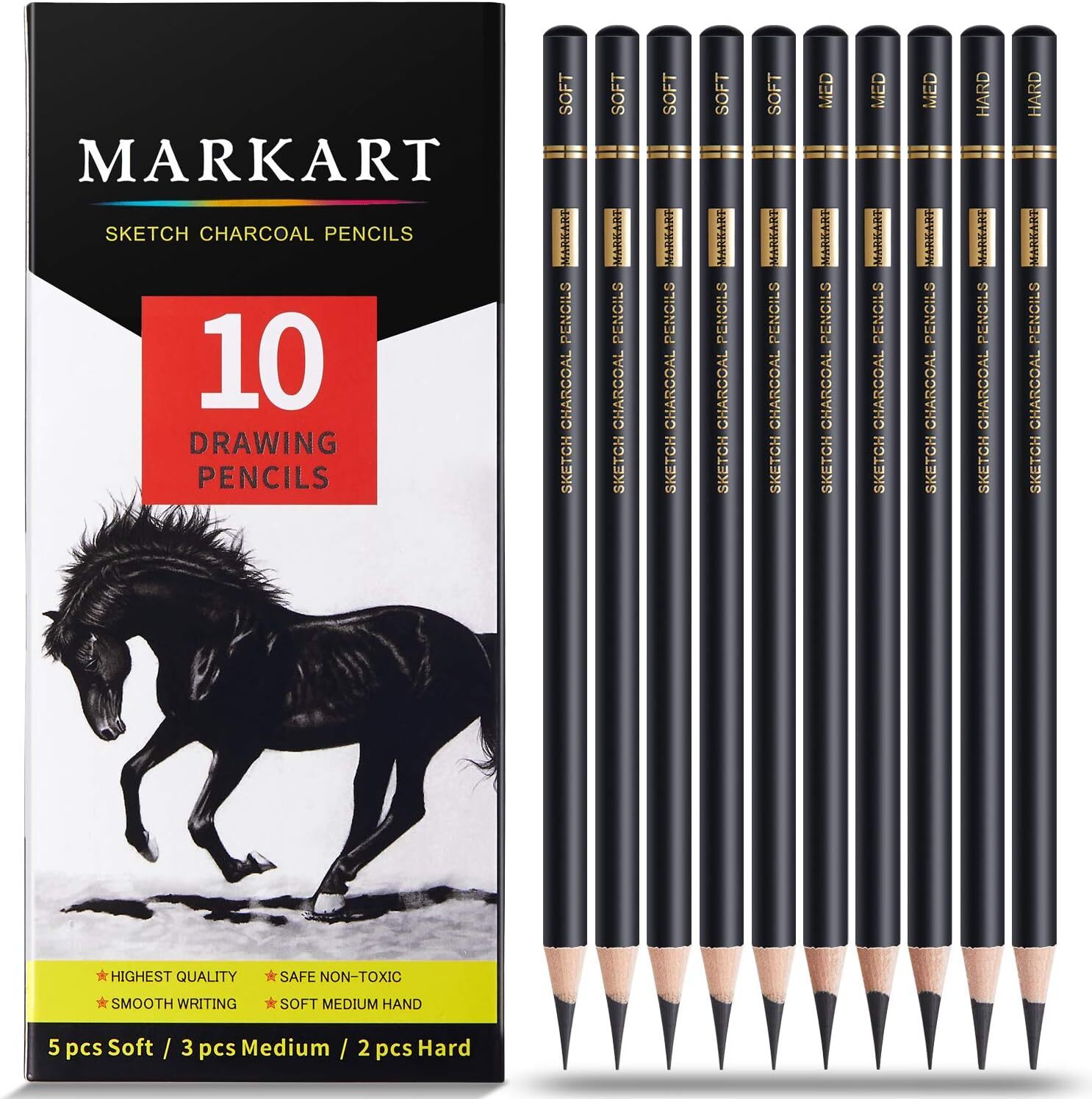 MARKART Professional Charcoal Pencils Drawing Set 10 Count (Pack of 1), Black