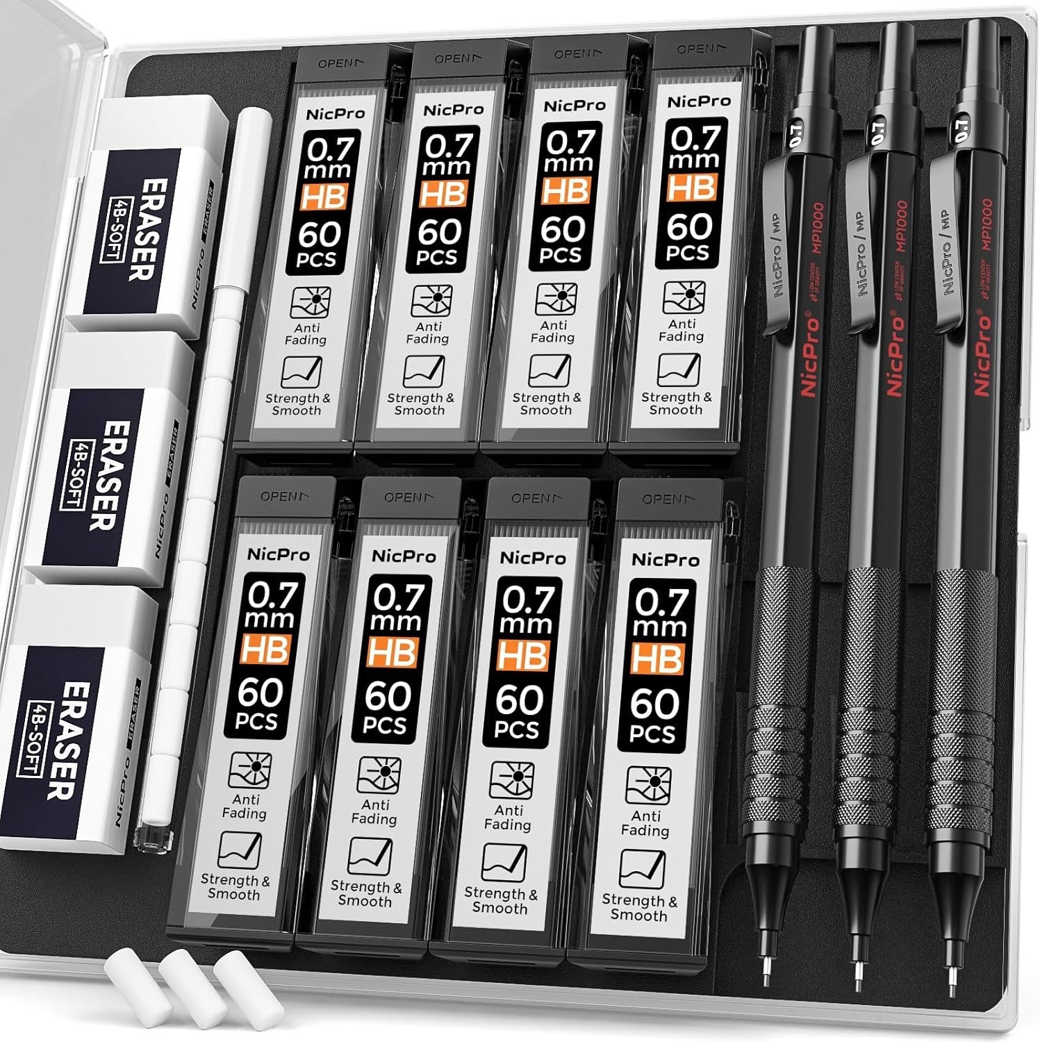 Durable 0.7mm Mechanical Pencil Set with 3 Erasers & 480 Lead Refills Included